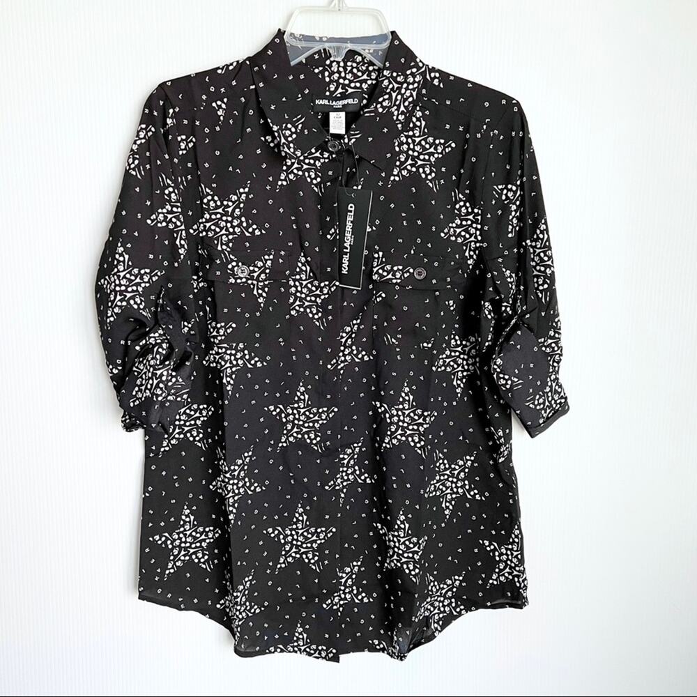 Karl Lagerfeld Star Whimsical Black White Letters Button Down Blouse Small